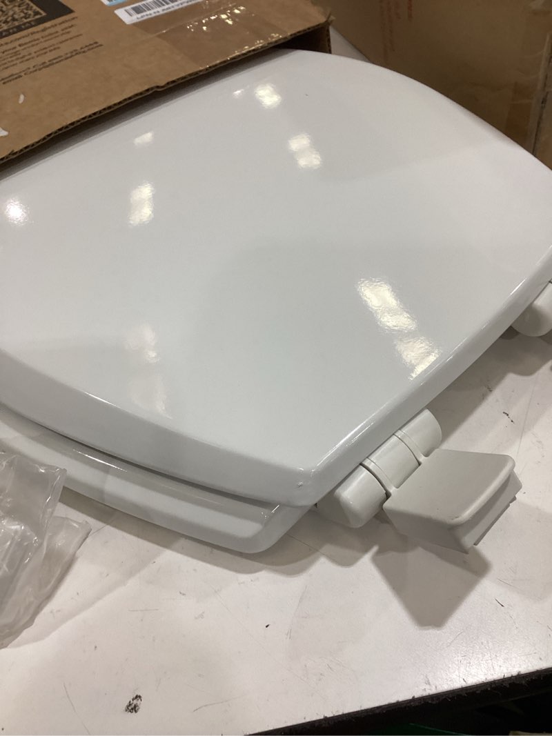 Condition photo showing As Is for bemis 7300slec slow close toilet seat, easy clean hinges and durable plastic seat, made in usa, elongated, white
