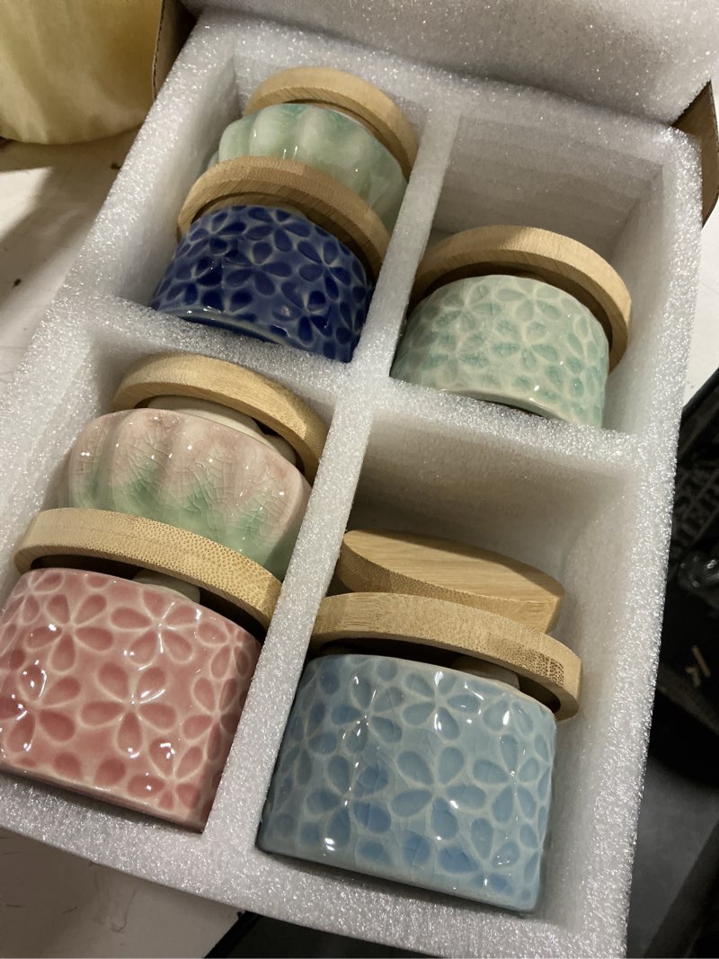 Condition photo showing Good Condition for 8 pcs succulent pots with ice crack glaze, 2 shapes & 8 colors ceramic succulent planters with drainage holes & bamboo saucers, indoor plant pots for home garden?desk decor, office decor, gift idea