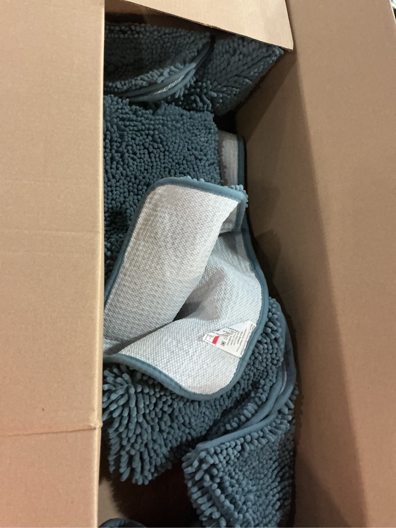 Condition photo showing As Is for yimobra bathroom rugs sets 3 piece, fluffy plush chenille baht room mats set with toilet rug u shaped, shaggy absorbent non slip shower rug for sink, laundry room mat, machine washable, denim blue 24.4"x20.4" + 31.5"x19.8"+ 44.1"x24" denim blue
