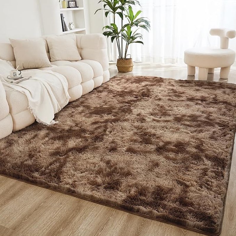 litanika 4x6 shag area rug for living room bedroom, tie-dyed brown high pile soft plush shaggy furry bedside playroom dorm carpet, non-slip, non-shedding modern indoor floor rug