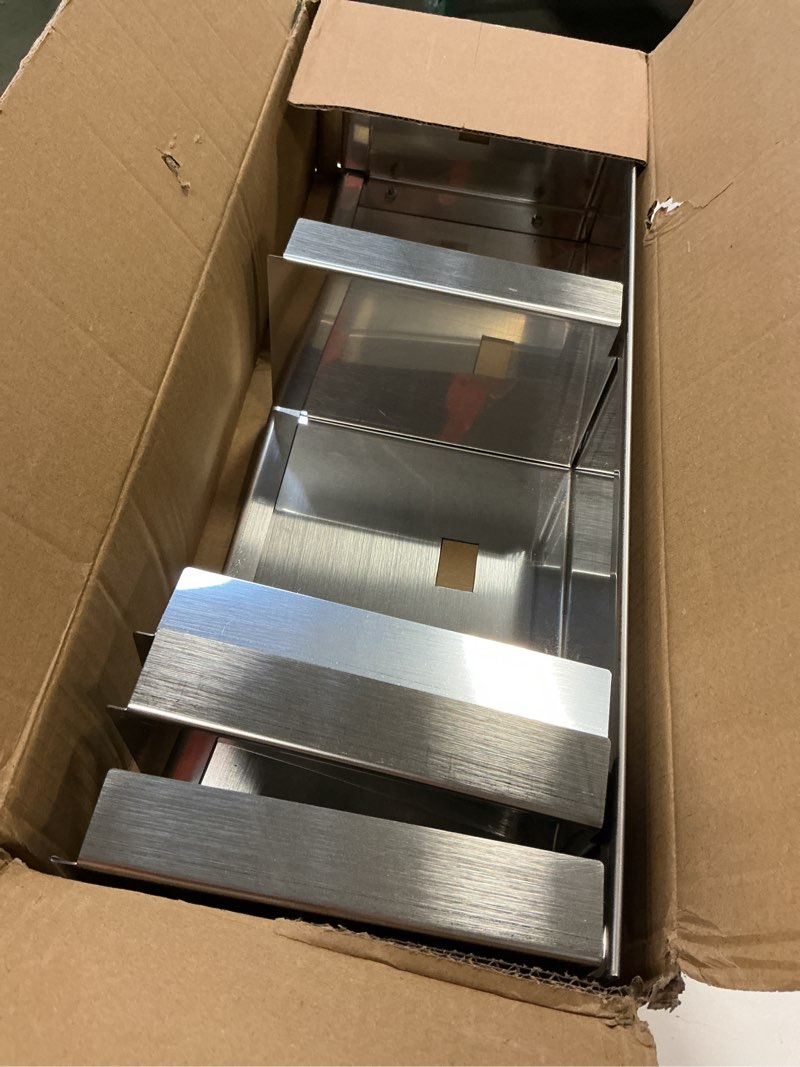 Condition photo showing Good Condition for Hicarer 4 Compartments Stainless Steel Cup Dispenser with Adjustable Dividers Silver Cup and Lid Holder Lid Organizer Storage for Cabinet Kitchen Cafe Tea Shop Restaurant, Silver Silver 4 Compartments Stainless Steel
