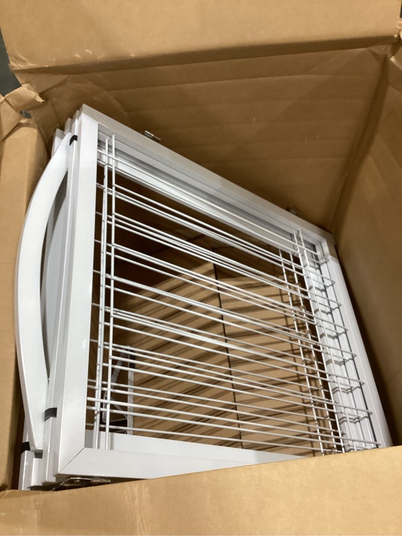 Condition photo showing Good Condition for jsb 96-inch extra wide 30-inch tall dog gate with door walk through, freestanding pet gate for halls, stairs & home, pet puppy safety dog fence with 2pcs support feet (white) 4 panels with door white