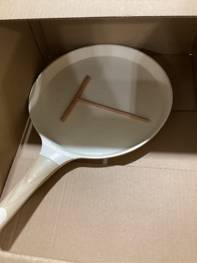 Condition photo showing Good Condition for NutriChef 11” Non-Stick Crepe Pan with Wooden Spreader, Durable Marble Coated Dosa Pan, Bakelite And Wood Handle With Induction Bottom, Easy-to-Clean, Stain-Resistant (White Cream Marble) White 11"