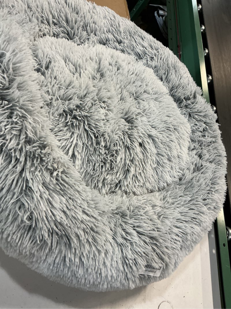 Condition photo showing As Is for western home wh calming dog & cat bed, anti-anxiety donut cuddler warming cozy soft round bed, fluffy faux fur plush cushion bed for small medium dogs and cats (20"/24"/27"/30") 30.0"l x 30.0"w x 8.0"th light grey