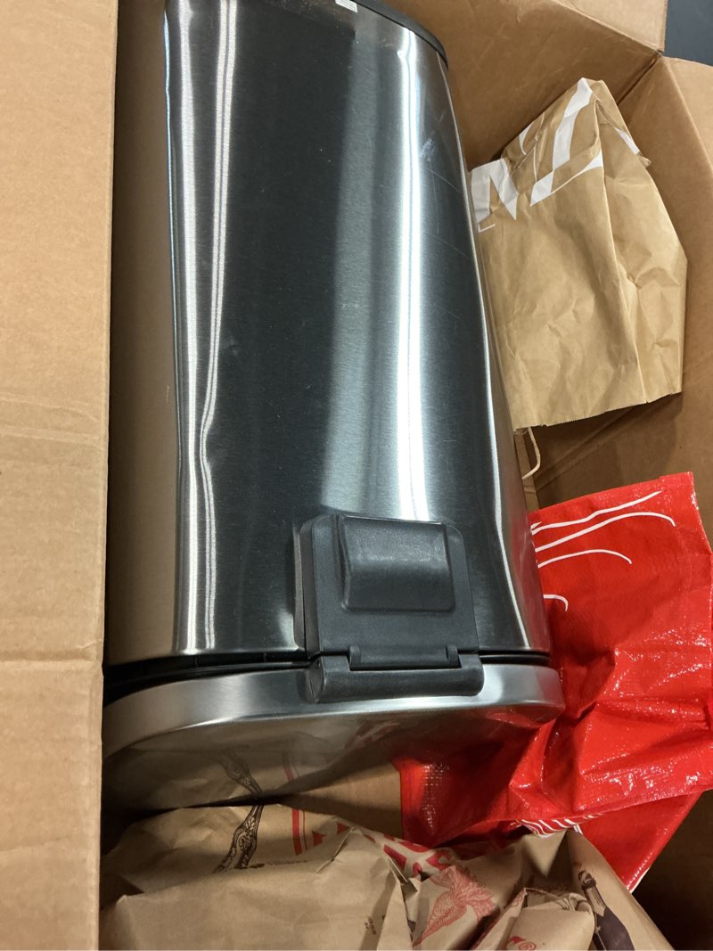 Condition photo showing As Is for amazon basics medium trash can, 7.9 gallon (30l), smudge resistant rectangular bin with soft-close lid, step foot pedal, removable inner bucket, brushed stainless steel, satin nickel finish satin nickel middle, 30l/7.9 gal