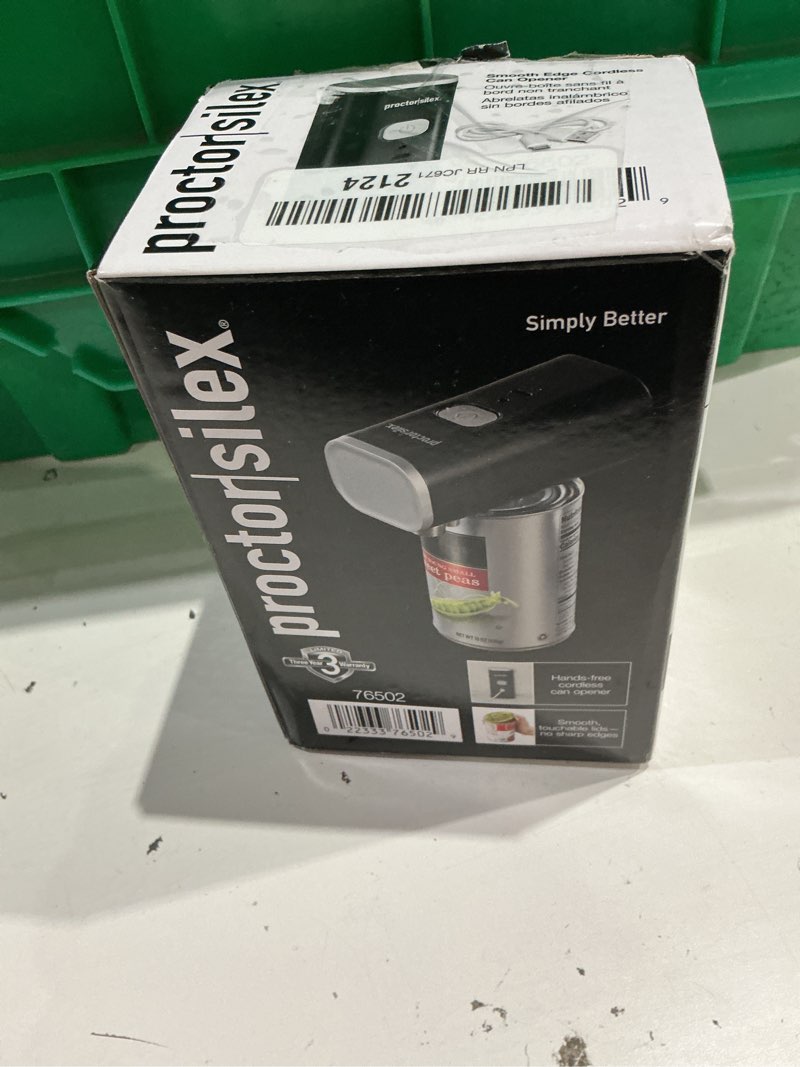 Condition photo showing As Is for proctor silex automatic electric can opener, hands free cordless operation & usb rechargeable, self-aligning, cut smooth touch lid edges, compact and easy to store, black