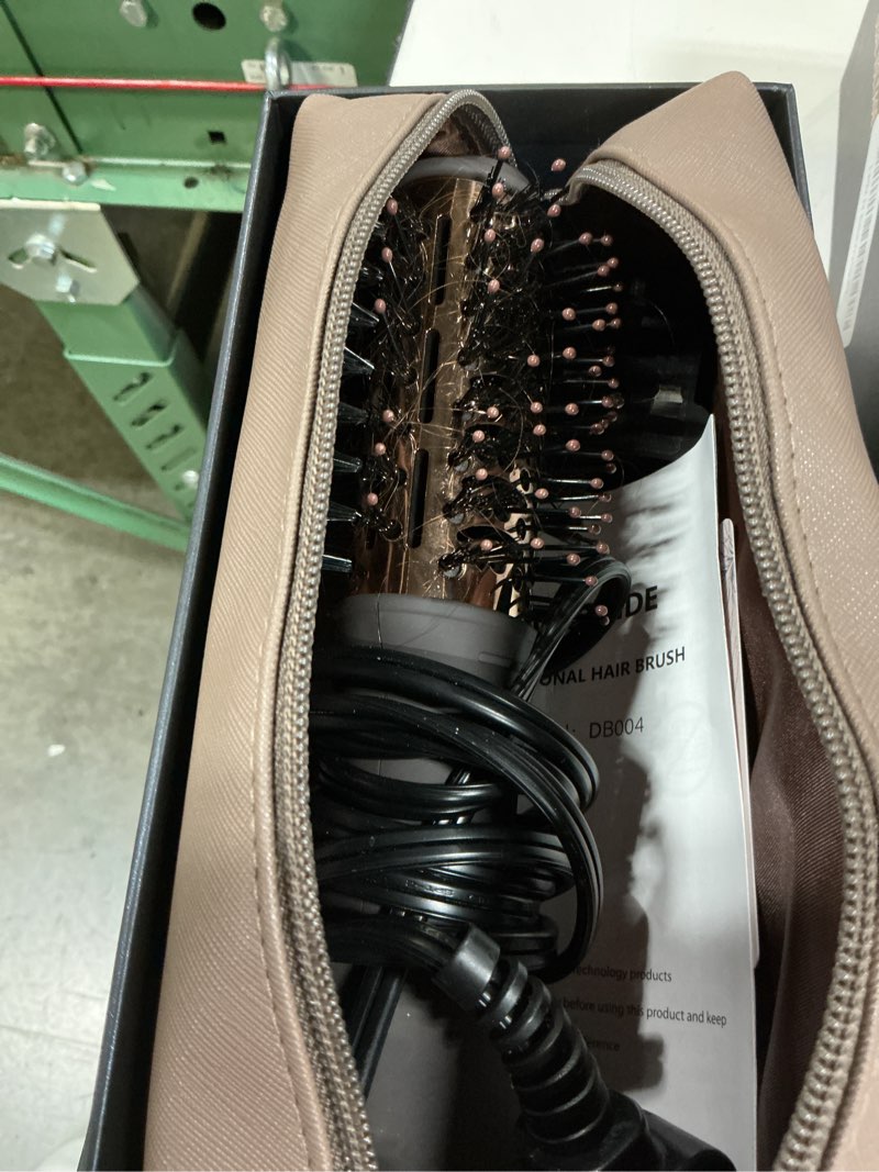 Condition photo showing As Is for travel dual voltage hair dryer brush 4-in- 1,portable mini hot air blow dryer straightener & curler brush,titanium oval blowout styler volumizer tools-dark chocolate dark chocolate & rosé gold