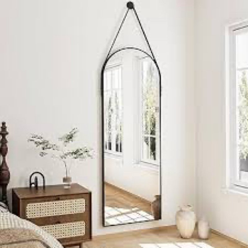 ZMYCZ Full Length Mirror, Arched Wall Mounted Mirror, 47"x16" Door Mirrors with Hanging Leather Stra