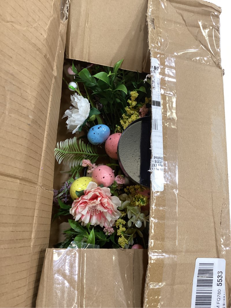 Condition photo showing As Is for 22" easter centerpieces for tables and fireplaces with 3 candle trays, artificial easter egg candle holder decorations with colorful spring flowers & branches & green leaves