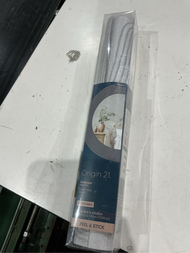 Condition photo showing As Is for origin 21 31.2-sq ft grey vinyl textured geometric 3d self-adhesive peel and stick wallpaper