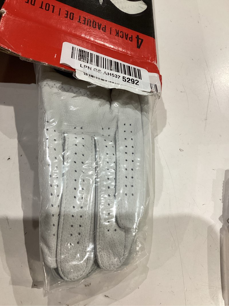 Condition photo showing As Is for kirkland signature golf gloves premium cabretta leather, medium, 4 pack