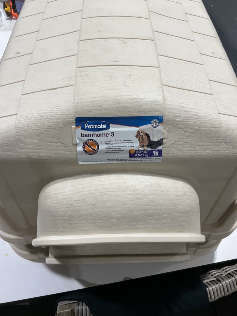 Condition photo showing Good Condition for petmate petbarn 3 plastic outdoor dog house, barn style durable small 21" h, for pets 15 to 25 lbs, white