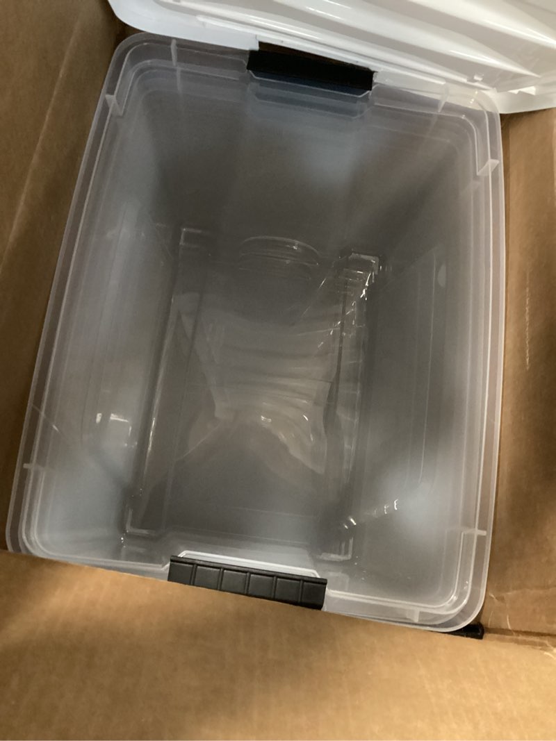 Condition photo showing As Is for IRIS USA 6-Pack 54 Quart Stackable Storage Bins with Lids [Made in USA] - Everyday Organizer Latching Clear Plastic Organization Containers Closet Bedroom Shelving Units Home Storage - Clear/White Clear 54 Qt CLR 6 Pack