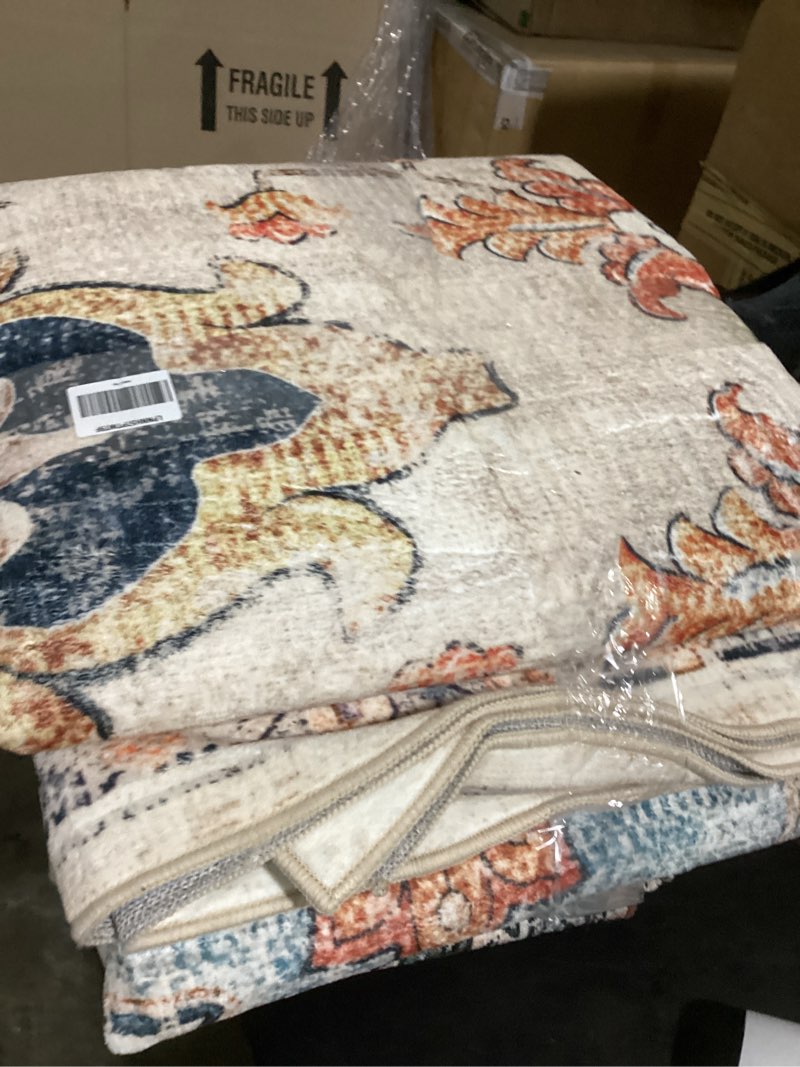 Condition photo showing Good Condition for area rugs 9'x12' washable non-slip, floral vintage distress print pattern medallion carpet for living room bedroom dining room, beige navy blue orange colorful beige/blue/orange 9' x 12' (rectangular)