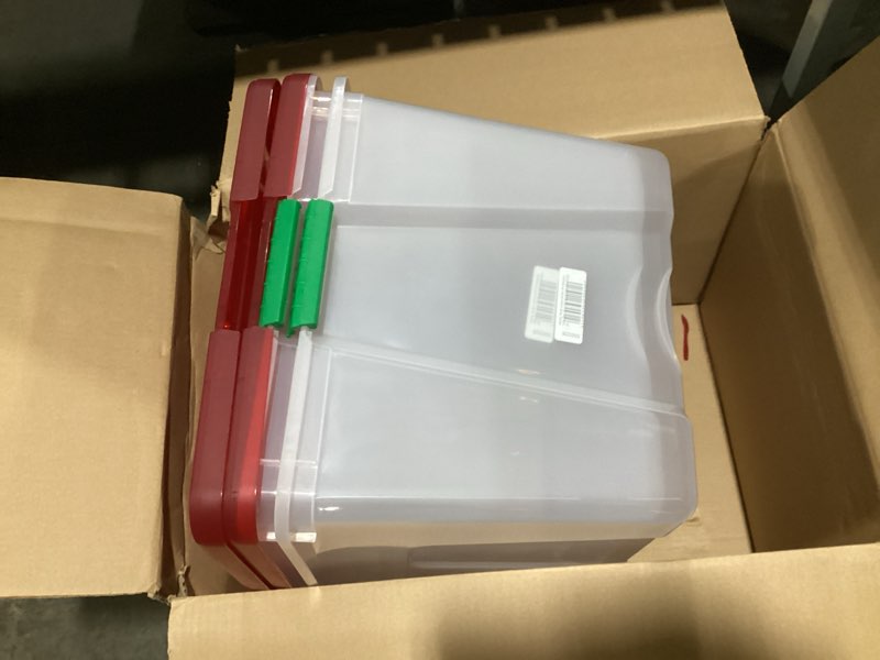 Condition photo showing Good Condition for IRIS USA 94 Qt. Stackable Plastic Storage Bins with Lids, 2 Pack - BPA-Free, See-Through Organizing Solution, Latches, Durable Nestable Containers, Secure Pull Handle, Made in USA - Red 94 Qt. - 2 Pack Buckled Lid