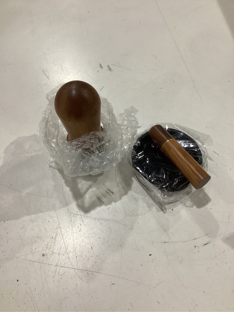 Condition photo showing New/Like New for y-step 51mm espresso tamper set, 30 lb consistent pressure calibrated coffee tamper with spring loaded, silicone mat, coffee stirrer espresso distribution tool, wooden barista kit for espresso machine brown