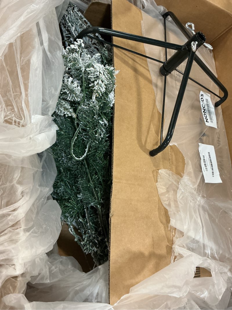 Condition photo showing As Is for 6 FT Pre-lit Snow Flocked Christmas Tree, Artificial Christmas Tree with 250 Warm White & Color LED Changing Lights, 600 PVC Branch Tips, Easy Assembly/Metal Stand/Hinged/8 Color Modes PVC Color Cleae LED 6ft