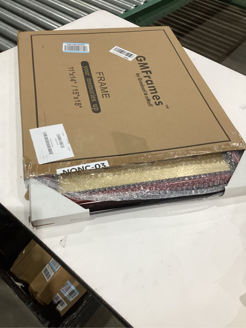 Condition photo showing New/Like New for GMFrames 11x14 Diploma Degree Frame with Mat or Display 15x18 Certificates without Mat,Solid Wood,Cherry Finish with Intricate Black Rope Detail,UV Protection Acrylic Cherry 15x18 for 11x14 with Mat