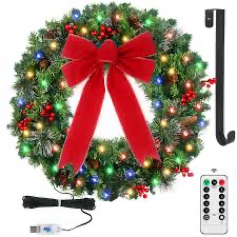 JOYIN 24'' Pre-Lit Christmas Wreath with Warm Lights, Large Lighted Christmas Wreaths for Front Door