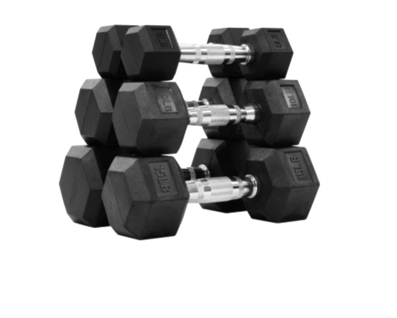 hexagonal dumbbells, rubber coated for exercise and fitness