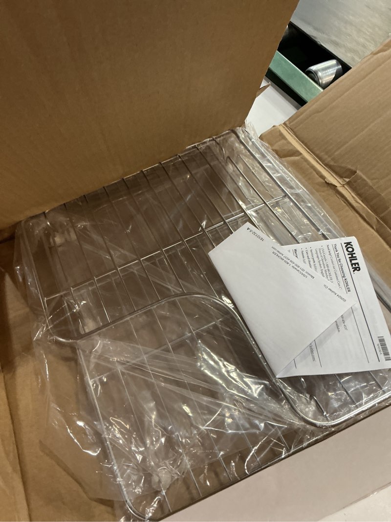 Condition photo showing New/Like New for kohler k-6638-st whitehaven sink racks for 30-inch whitehaven kitchen sink, includes left and right racks, stainless steel