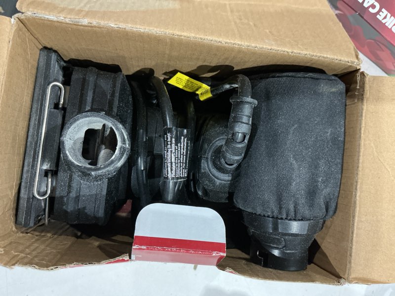 Condition photo showing As Is for hyper tough 2 amp corded 1/4 sheet palm sander with dust bag, vacuum hose adapter, punch plate & 3 sanding sheets, new condition