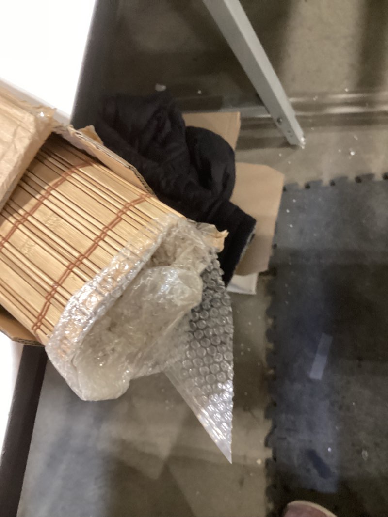 Condition photo showing Good Condition for Bamboo Roman Shades with Valance Cover, Cordless Blinds for Indoor Windows, Light Filtering Woven Wood Shades for Home & Patio, Privacy Protection, 32" W x 64" H, Carbonized Light Filtering-carbonized 32"W x 64"H