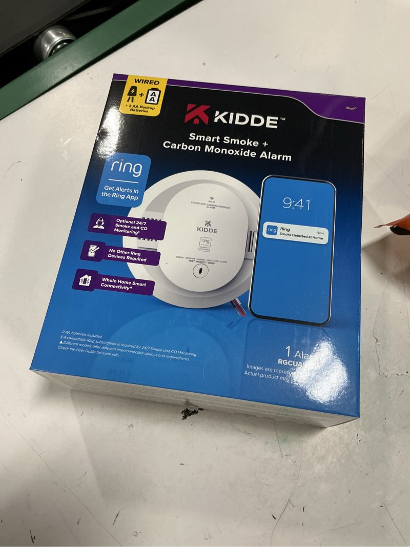 Condition photo showing New/Like New for kidde smart smoke and carbon monoxide detector, ring app enabled for real-time notifications, hardwired alarm, aa backup battery