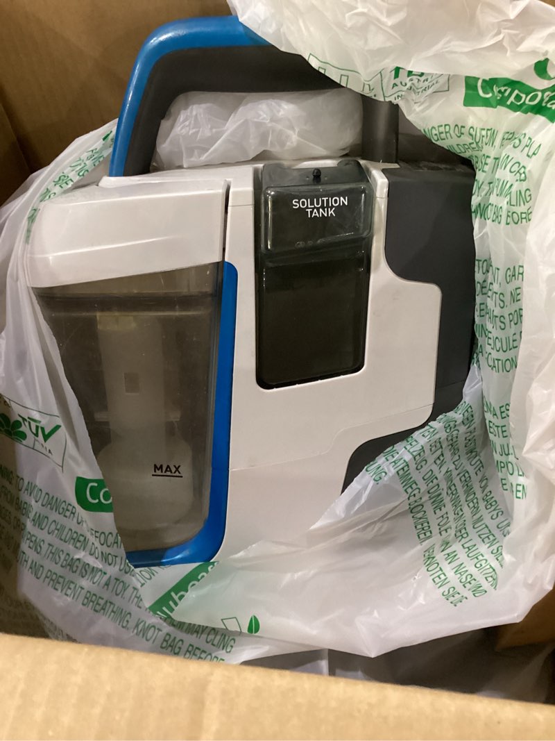 Condition photo showing As Is for not tested hoover cleanslate xl deep cleaning carpet + upholstery spot cleaner machine with specialized tools, permanent stain remover, pair with hoover portable spot cleaner solution