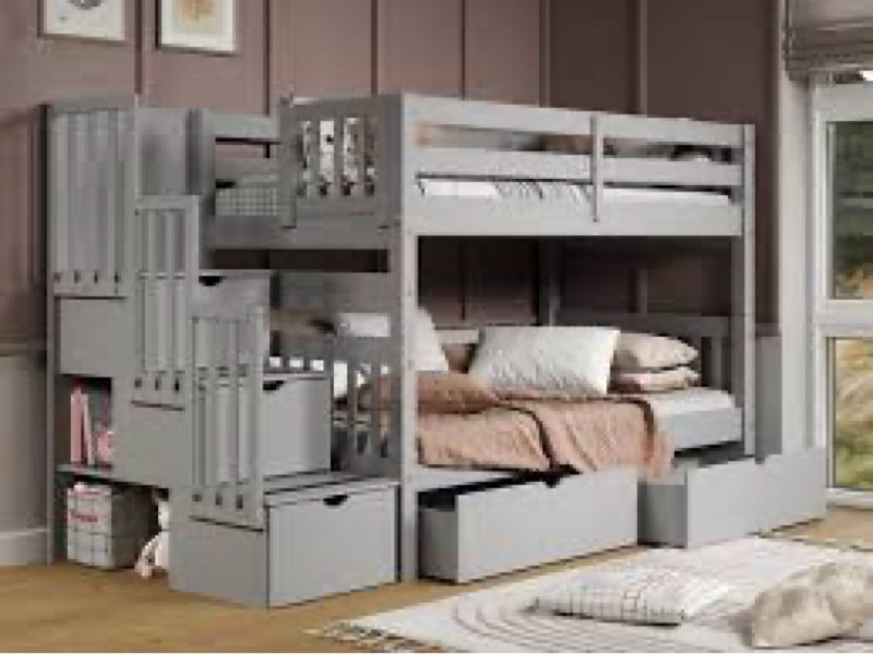 (Incomplete box 1 of 3 )TWIN TWIN OVER TWIN XL & STORAGE STAIRCASE WITH 2 DRAWERS - GRAY 