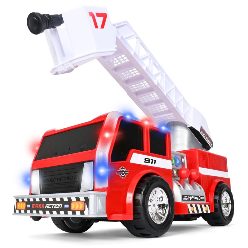 maxx action 2-n-1 firetruck with joystick controls, lights, siren sounds, motorized movement, and 36
