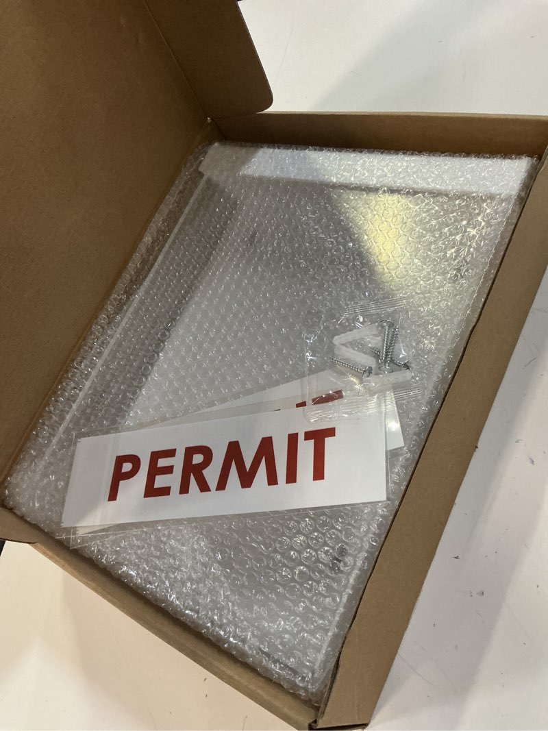 Condition photo showing New/Like New for 9.1" x 11.6" outdoor permit brochure holder waterproof wall mount literature box with lid screws clear acrylic document holder fits letter size a4 flyers booklets pamphlets includes "permit" decal permit white