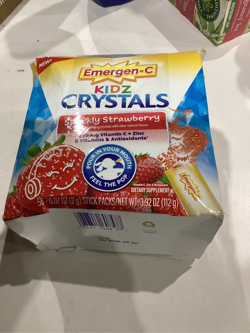 Condition photo showing New/Like New for Emergen-C Kidz Crystals, On-the-Go Emergen-C Immune Support Supplement with Vitamin C, B Vitamins, Zinc and Manganese, Sparkly Strawberry, Stocking Stuffer - 56 Stick Packs
