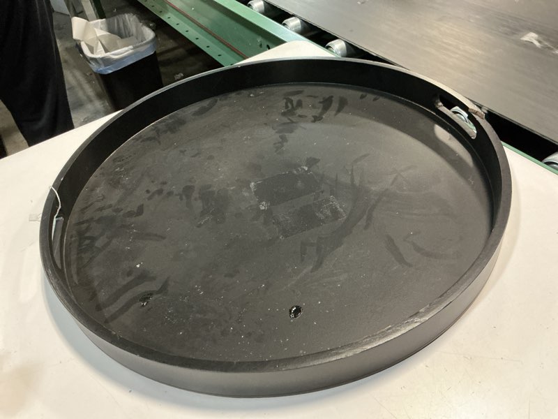 Condition photo showing As Is for Large Round Black Tray, 20" Extra Large Black Ottoman Tray, Wood Serving Trays, Decorative Trays with Handles for Home Kitchen