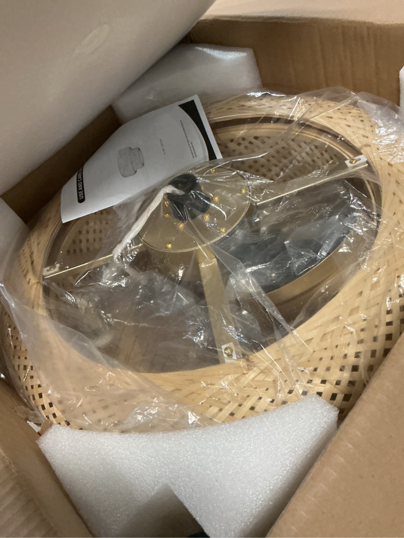 Condition photo showing Good Condition for fandelier ceiling fan with light - 18.9" boho rattan caged ceiling fan, remote controlled wicker chandelier fan light fixture for bedroom, kitchen, living room, nursery, e26 base