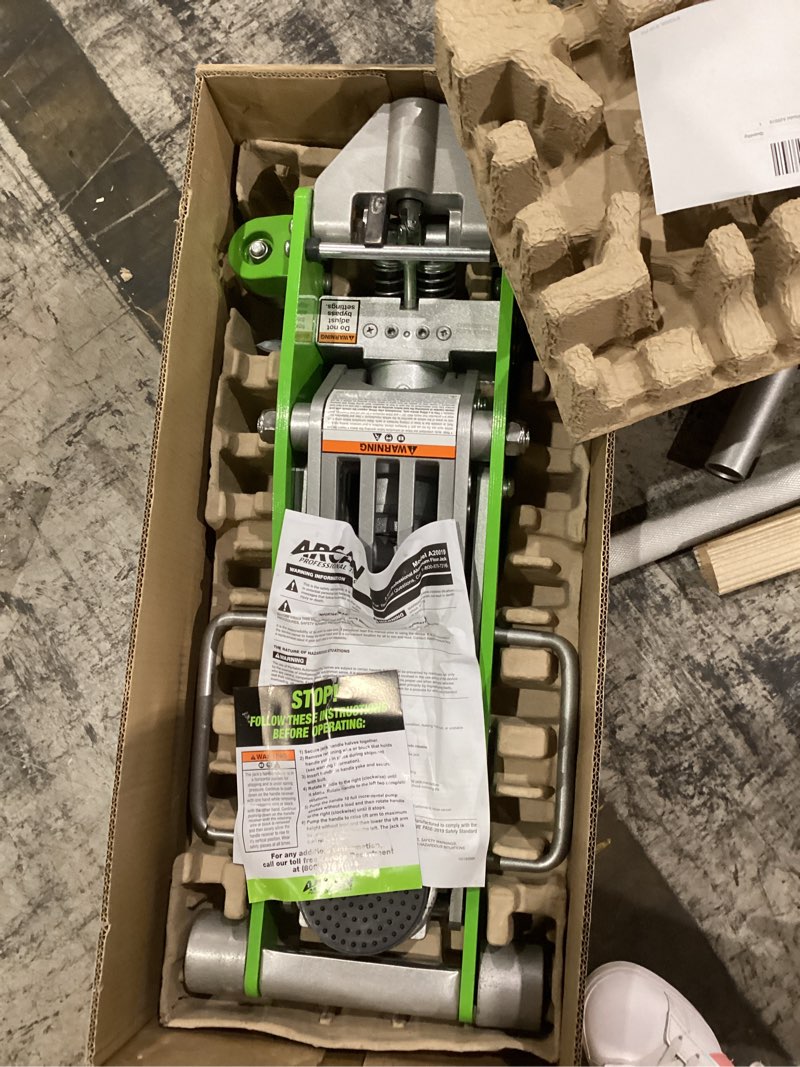Condition photo showing As Is for arcan 3-ton aluminum low profile floor jack, model a20019