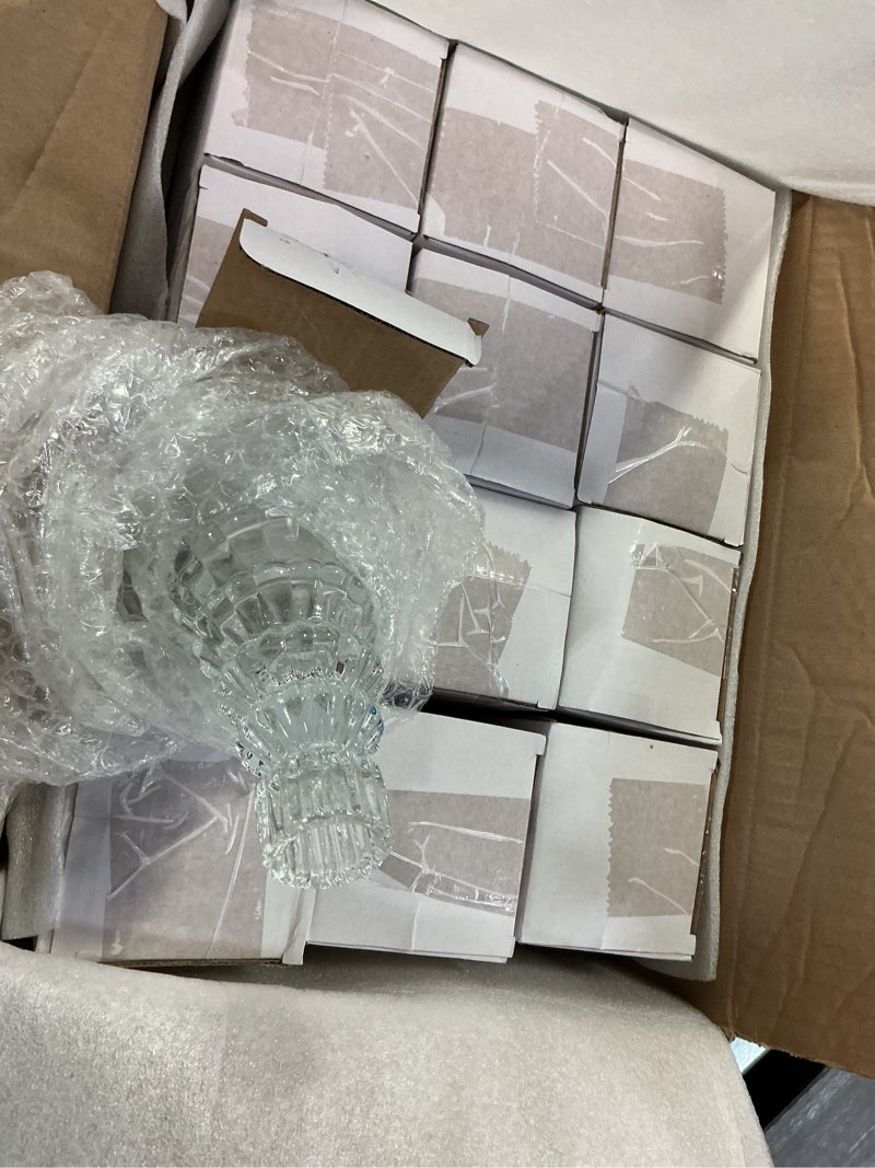 Condition photo showing New/Like New for LemonRoad 12 Pack Christmas Glass Taper Candle Holder Tree Shape Clear Candlestick Holder Fit 0.8 Inch Candle Pine Tree Shape Crystal Candlestick Stand Centerpiece for Christmas Table (Green)