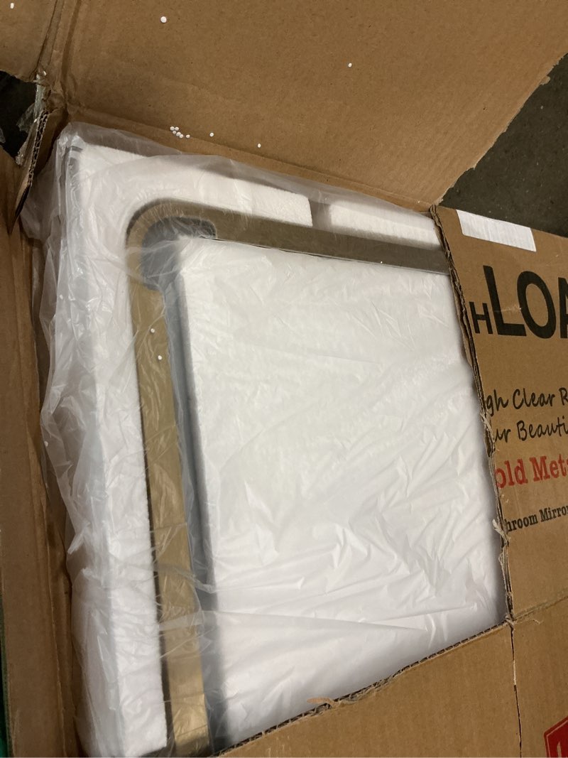 Condition photo showing Good Condition for loaao 20”x30” gold bathroom mirror, rounded rectangle gold frame mirror, brushed gold bathroom vanity mirror wall-mounted, anti-rust, hangs horizontally or vertically gold 20"l x 30"w
