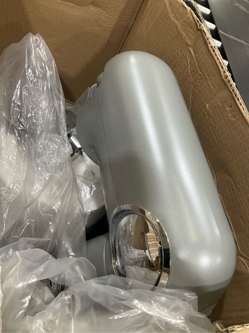 Condition photo showing As Is for cuisinart stand mixer, 12 speeds, 5.5-quart mixing bowl, chef's whisk, flat mixing paddle, dough hook, and splash guard with pour spout, silver lining, sm-50bc, silver lining manual silver lining 5.5 qt stand mixer