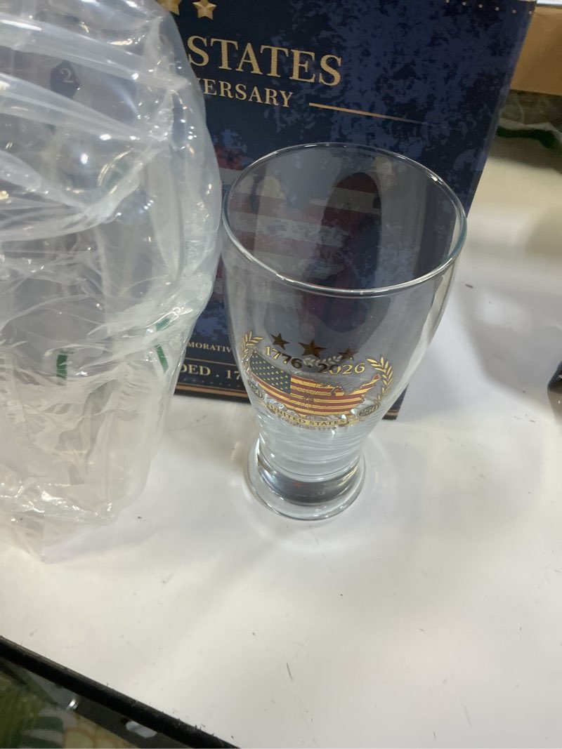 Condition photo showing New/Like New for azrra 250th anniversary beer glasses set of 2, 24k gold-tone patterns, america 250 merchandise drinking glasses, patriotic commemorative gift for beer lovers, women, men & collectors (12oz)