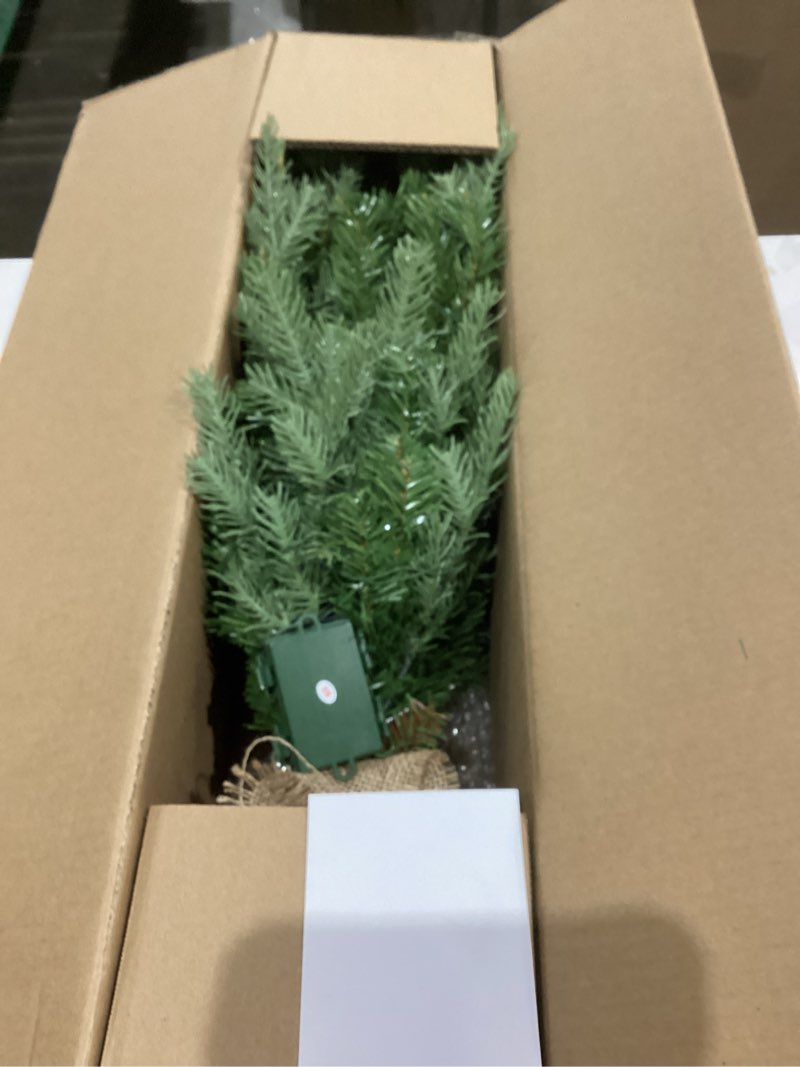 Condition photo showing Good Condition for National Tree Company 3 ft Pre-Lit Nordic Spruce Mini Artificial Christmas Tree, Burlap Base, Red Bow, 50 Clear LED Lights, 363 Tips, Timer, Green