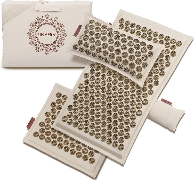 unmera acupressure mat and pillow set,natural premium linen & coconut fiber filling,for back/neck pain relief, sciatic, headache and muscle relaxation, comes with carrying bag