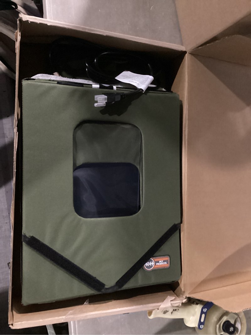 Condition photo showing New/Like New for K&H Pet Products Heated Outdoor Cat House for Outside Pets in Winter, Weatherproof Outdoor House for Ferals, Insulated Kitty Shelter, 2 Doors, Waterproof Heated Cat Bed, Safety Listed - Olive/Olive Olive/Olive Heated