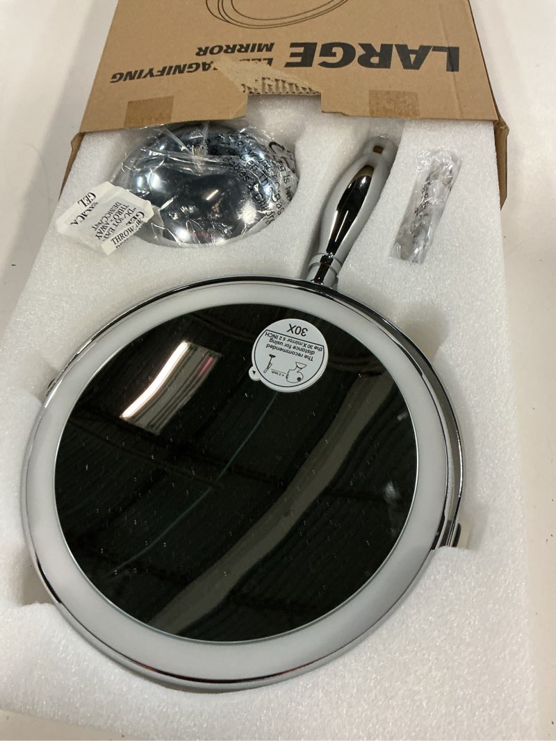 Condition photo showing Good Condition for 30x magnifying mirror, lighted makeup mirror with 3 colors modes & adjustable brightness, 5000mah rechargeable, 360° rotation double side, large magnifying vanity mirror, gifts for women chrome 30x