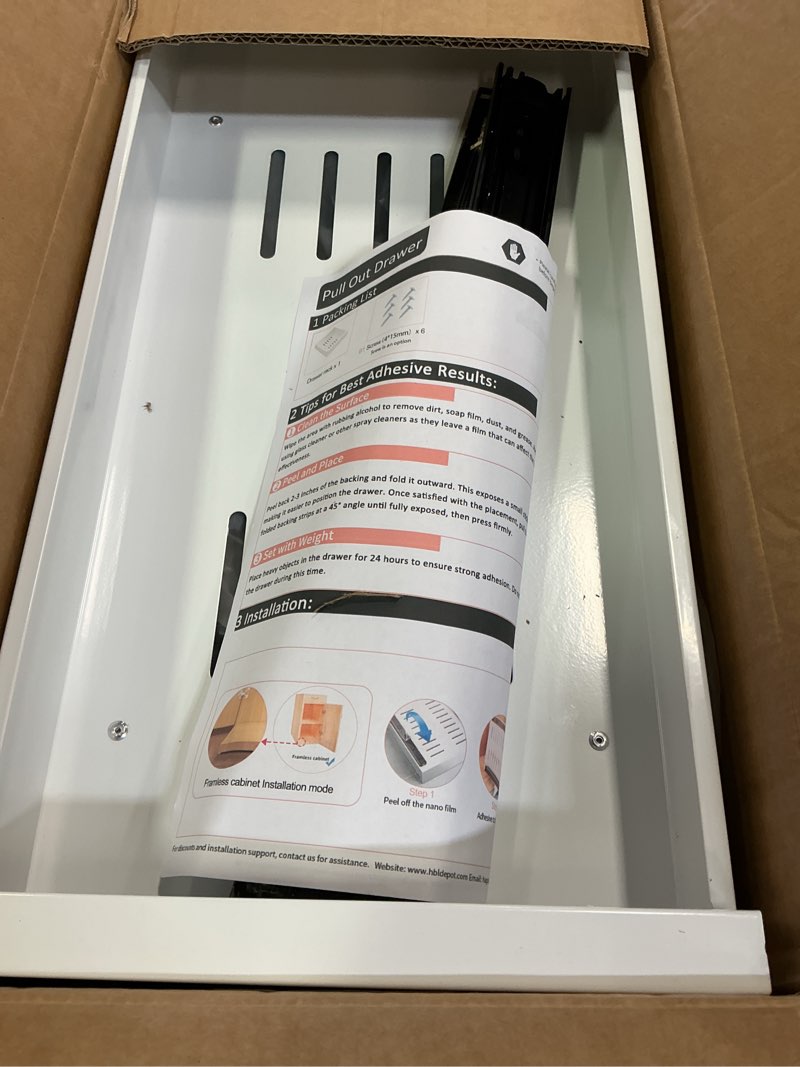 Condition photo showing Good Condition for HBL' 2 Pack | 21" Deep Pull Out Cabinet Organizer Adhesive, 10-Inch Wide Sturdy Carbon Steel Roll-Out Drawers for Face Frame or Frameless Cabinets,Slide-Out Shelves for Pantry. 21"D x 10.0"W x 3.1"H White 2