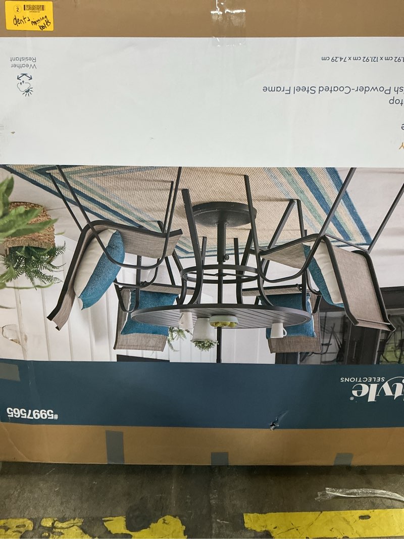 Condition photo showing As Is for missing hardware style selections pelham bay round outdoor dining table 48-in w x 48-in l with umbrella hole