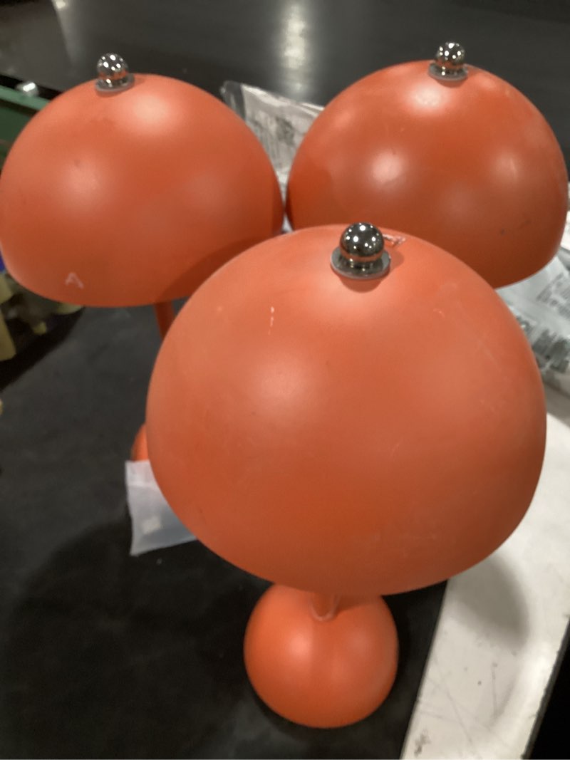 Condition photo showing As Is for (qty 3) mainstays x becky g & alejandra 11.8 h rechargeable metal dome lamp  mandarin finish