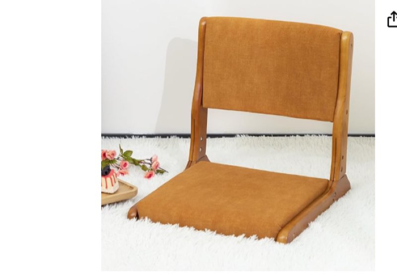 HollyHOME Foldable Japanese Style Floor Chair with Back Support, Tatami Chair with Cushion, Meditation Seat for Bay Window, Living Room, Bedroom, Pumpkin Color