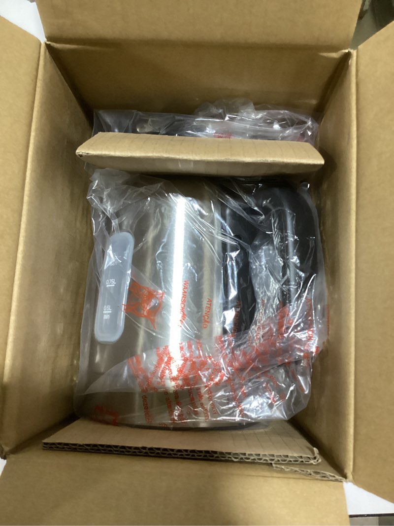 Condition photo showing As Is for Amazon Basics Electric Stainless Steel Kettle for Tea and Coffee, BPA-Free, Fast Boiling, Auto Shut-Off, 1.1 Quarts, 1500W, Black and Silver