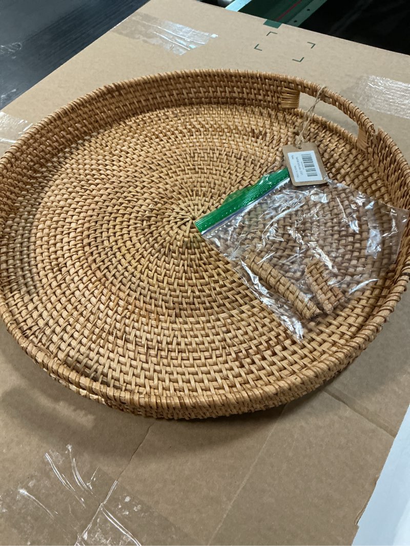 Condition photo showing As Is for Coffee Table Tray Round Rattan Ottoman Tray Woven Serving Trays with Handles for Home and Kitchen Decorative Natural (Large 16.9 inch) 16.9" Natural